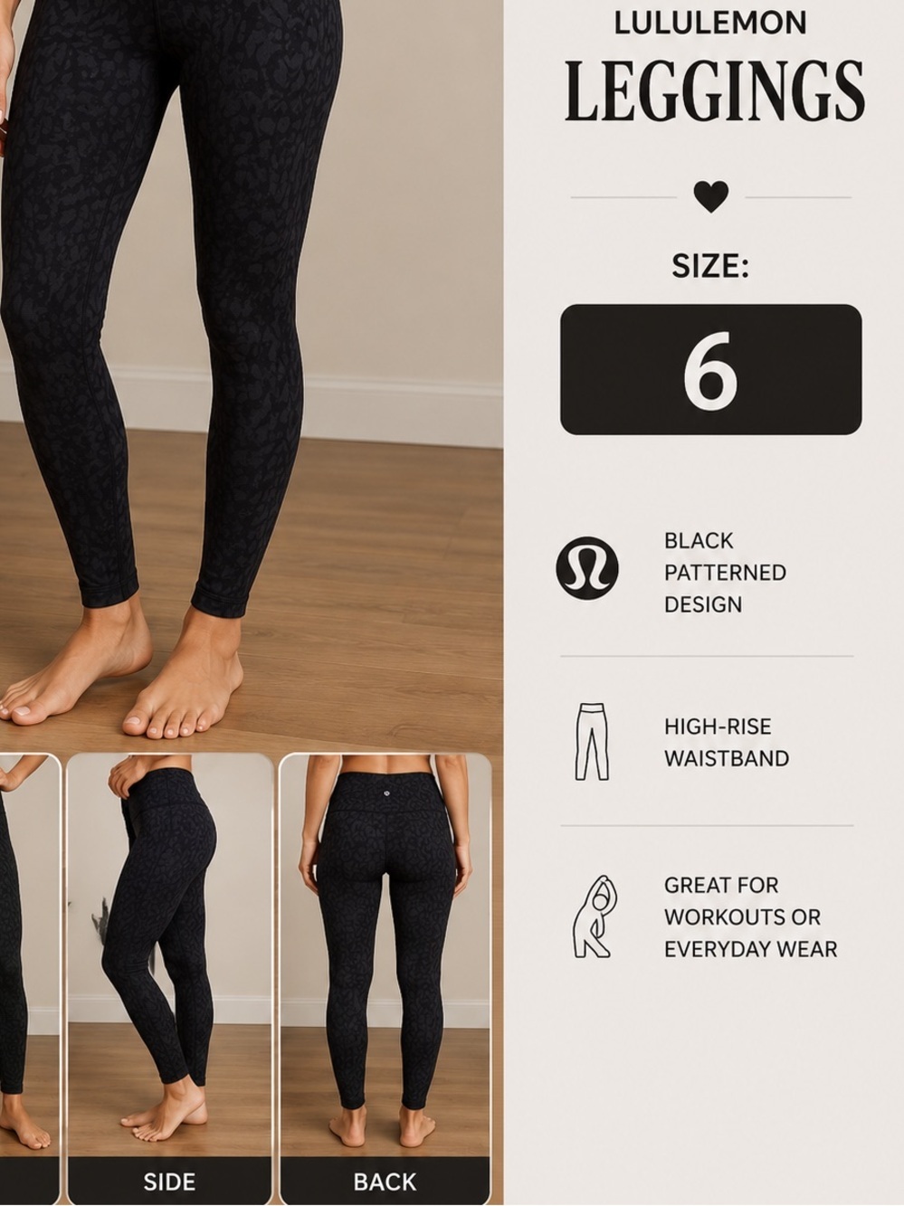 Lululemon Black Patterned Leggings size 6